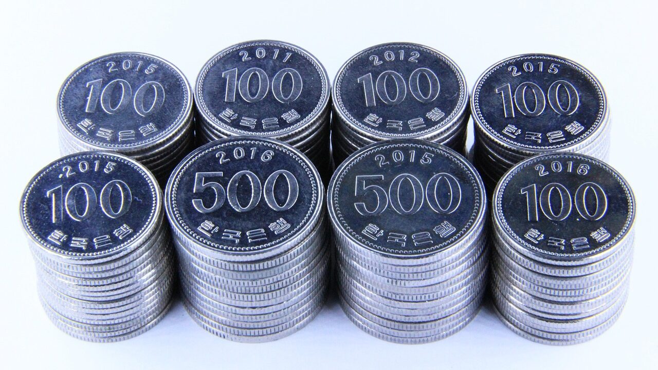 Korean currency - Coin 100 Won and 500 Won.